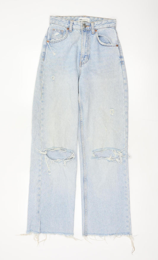 Zara Women Blue UK 4 High Rise Wide-Leg Distressed Jeans
