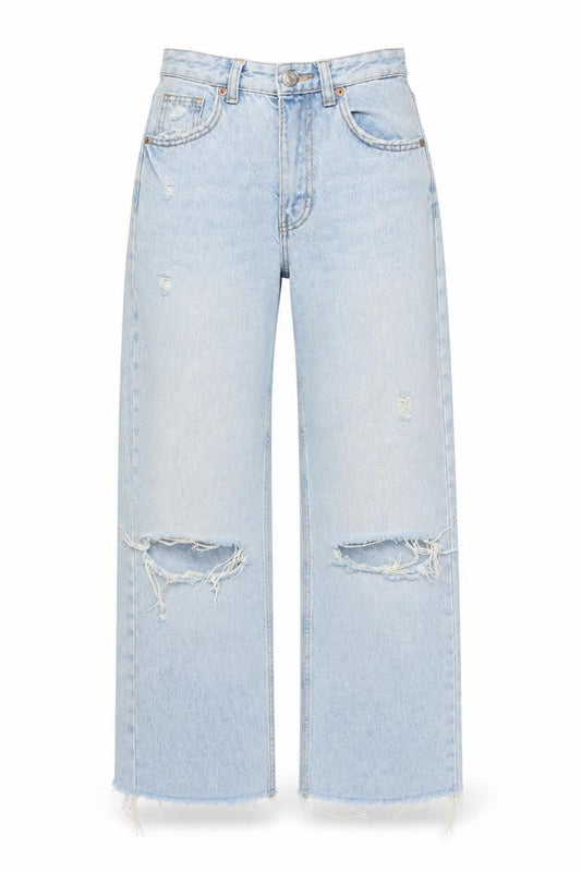 Zara Women Blue UK 4 High Rise Wide-Leg Distressed Jeans