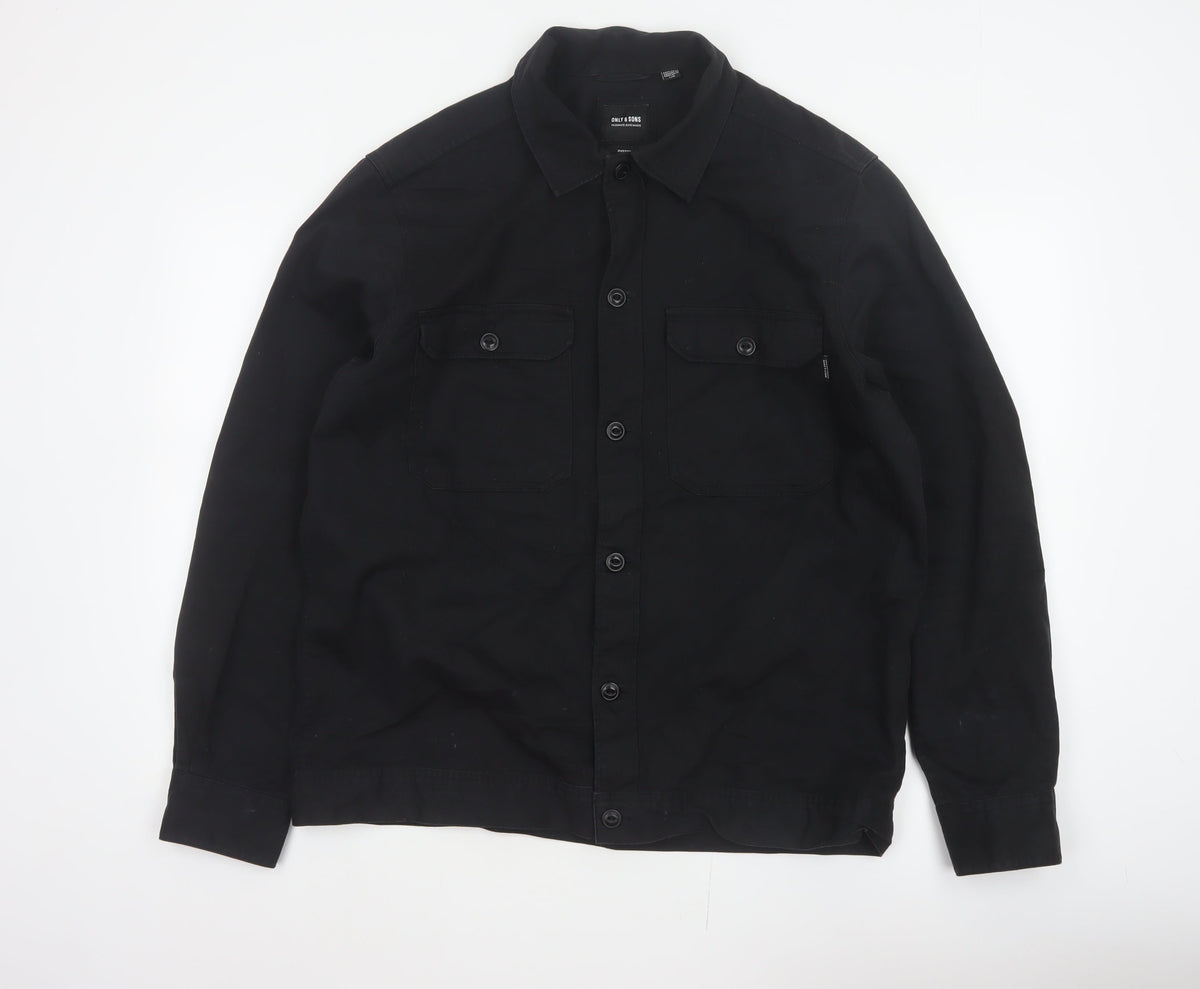 Only & Sons Men’s Black L Cotton Button Up Overshirt Basic Jacket