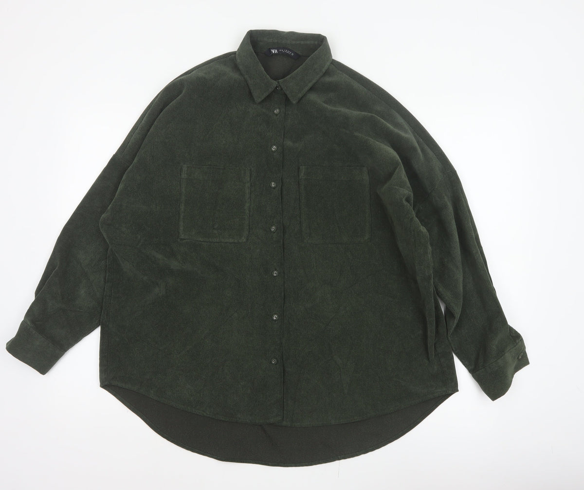 Zara Women Green M Basic Corduroy Button-Up Shirt Long Sleeve Pockets