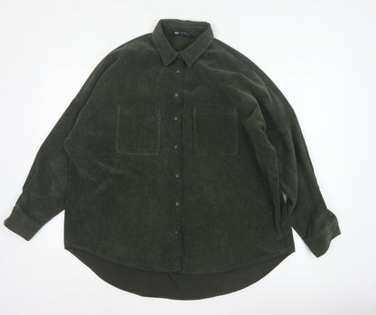 Zara Women Green M Basic Corduroy Button-Up Shirt Long Sleeve Pockets