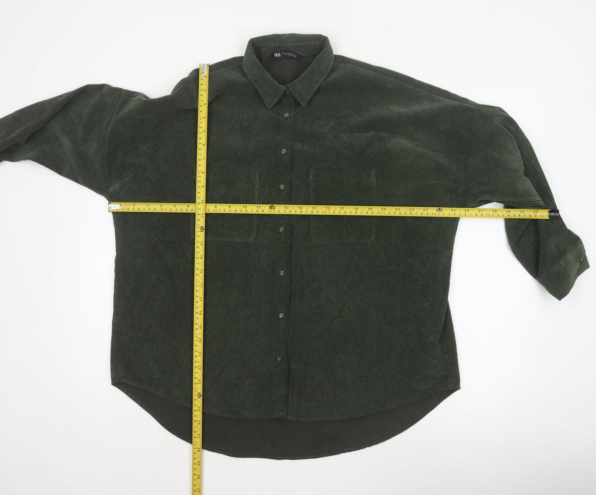 Zara Women Green M Basic Corduroy Button-Up Shirt Long Sleeve Pockets