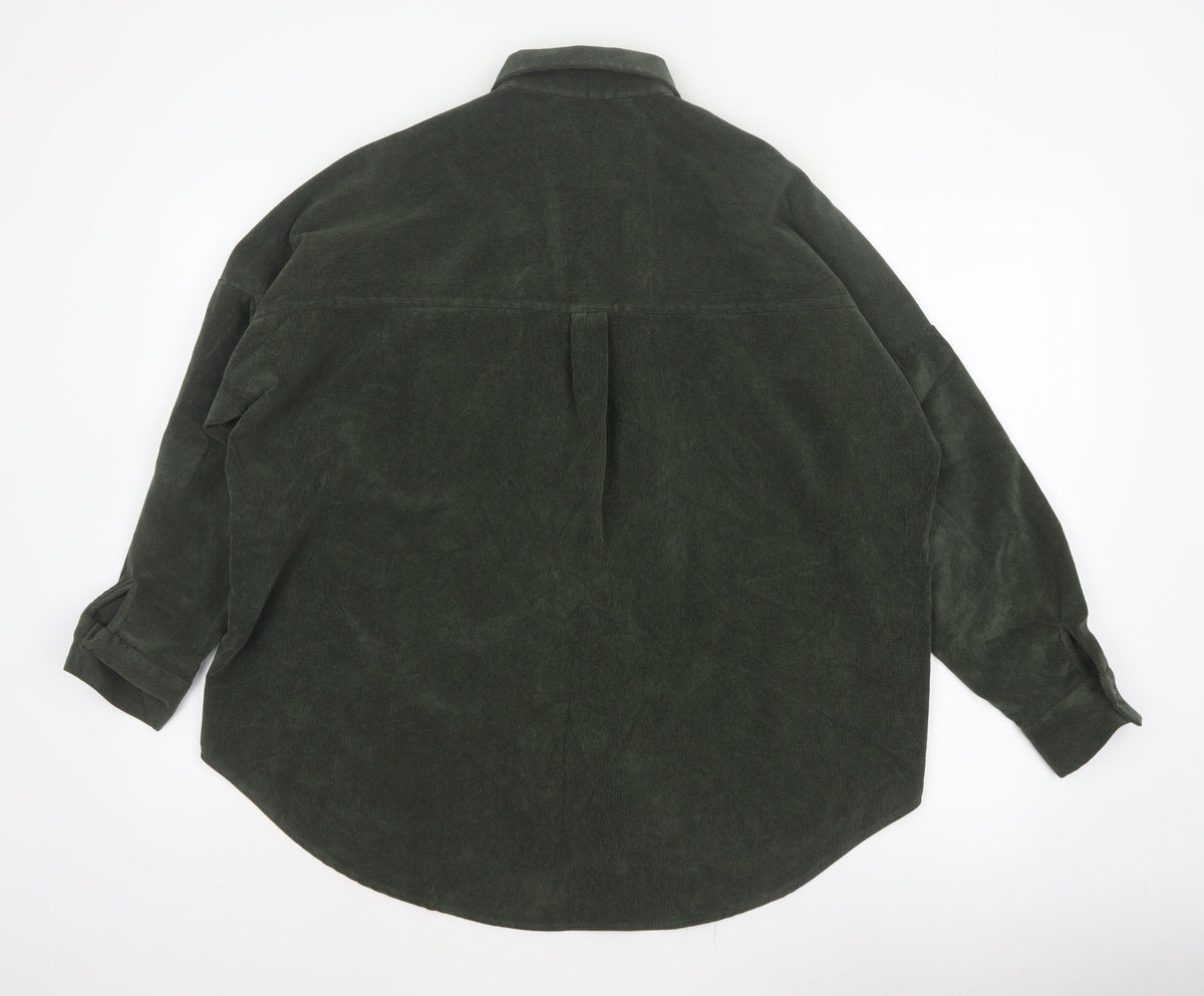 Zara Women Green M Basic Corduroy Button-Up Shirt Long Sleeve Pockets