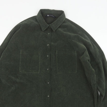 Zara Women Green M Basic Corduroy Button-Up Shirt Long Sleeve Pockets