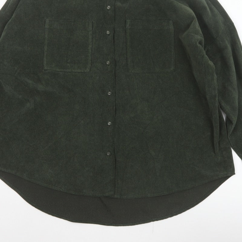 Zara Women Green M Basic Corduroy Button-Up Shirt Long Sleeve Pockets