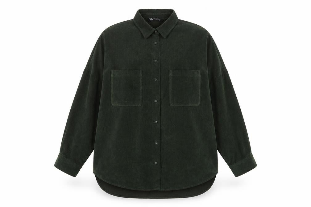 Zara Women Green M Basic Corduroy Button-Up Shirt Long Sleeve Pockets