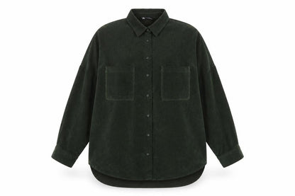 Zara Women Green M Basic Corduroy Button-Up Shirt Long Sleeve Pockets