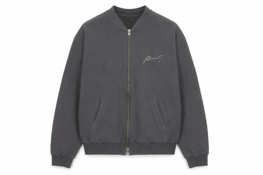 Front view of Prevu Men’s Grey Cotton Bomber Jacket L Full Zip Logo