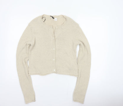 H&M Women Beige L Button Front Open-Knit Long Sleeve Cardigan