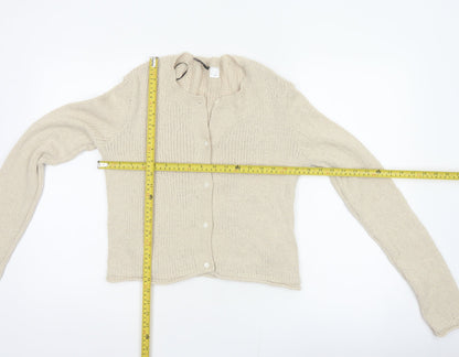 H&M Women Beige L Button Front Open-Knit Long Sleeve Cardigan