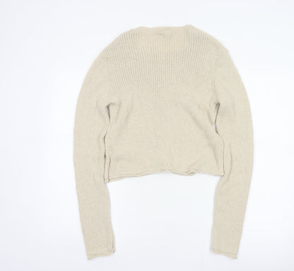 H&M Women Beige L Button Front Open-Knit Long Sleeve Cardigan