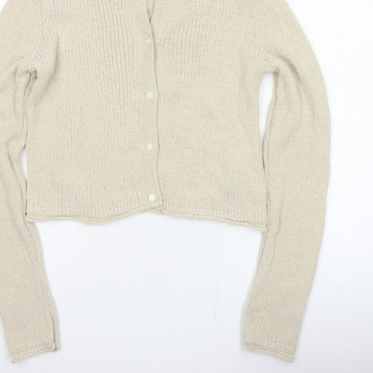 H&M Women Beige L Button Front Open-Knit Long Sleeve Cardigan