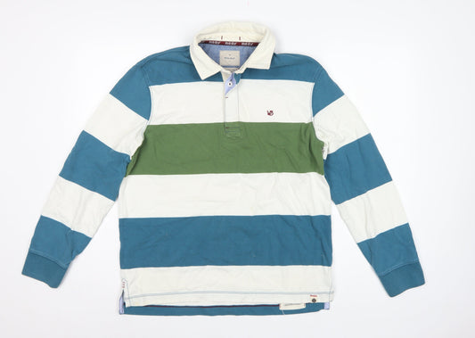 Back view of White Stuff Men’s Small Blue Green Striped Cotton Rugby Polo Shirt