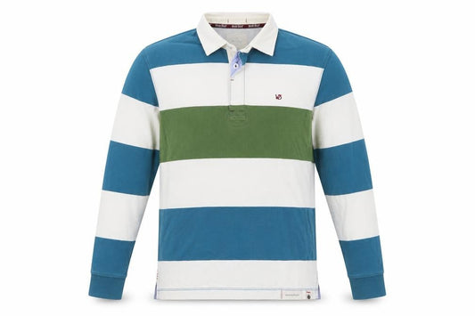 Front view of White Stuff Men’s Small Blue Green Striped Cotton Rugby Polo Shirt