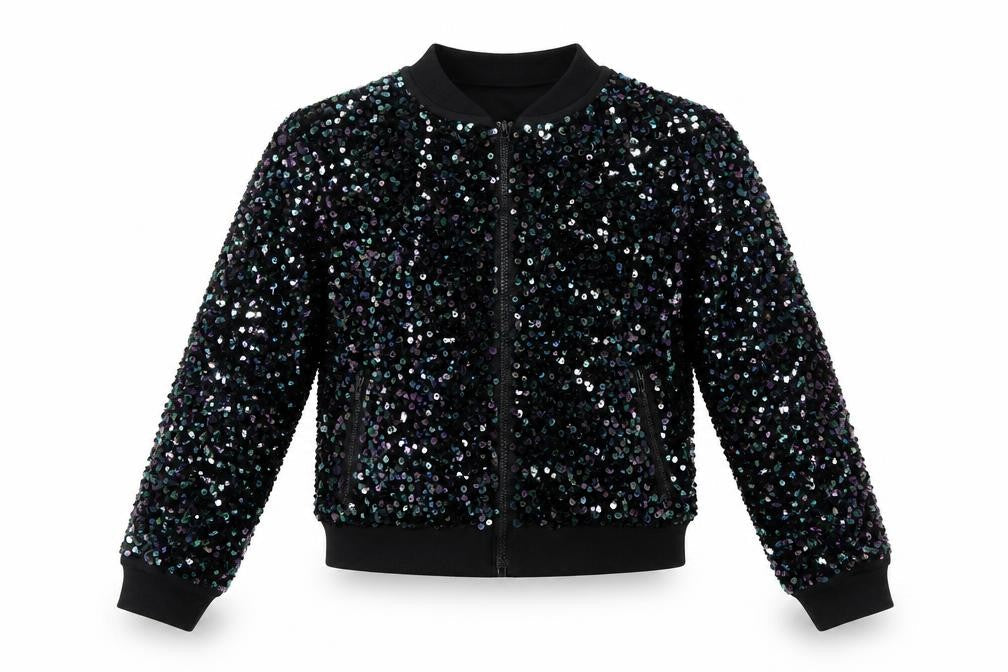 Tu Girls Black Sequin Bomber Jacket 9 Years Party Full Zip