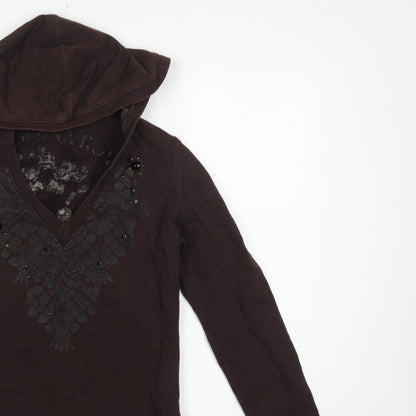 Flammina Women's Brown M Pullover Hoodie V-Neck Studded Graphic