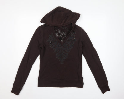 Flammina Women's Brown M Pullover Hoodie V-Neck Studded Graphic