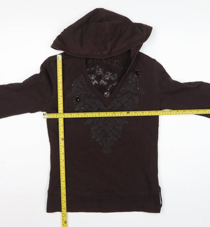 Flammina Women's Brown M Pullover Hoodie V-Neck Studded Graphic