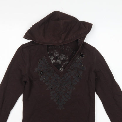 Flammina Women's Brown M Pullover Hoodie V-Neck Studded Graphic