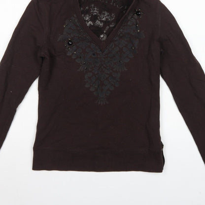 Flammina Women's Brown M Pullover Hoodie V-Neck Studded Graphic