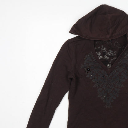 Flammina Women's Brown M Pullover Hoodie V-Neck Studded Graphic