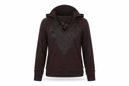 Flammina Women's Brown M Pullover Hoodie V-Neck Studded Graphic