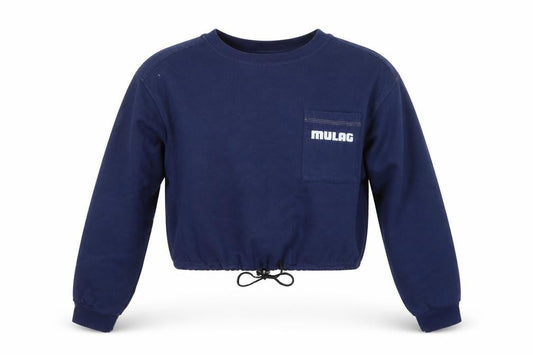 Front view of Kansas Women’s Blue M Cropped Logo Pocket Drawstring Sweatshirt