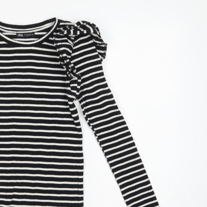 Zara Women Black White S Striped Ruffle Long Sleeve Basic T-Shirt