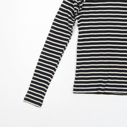 Zara Women Black White S Striped Ruffle Long Sleeve Basic T-Shirt