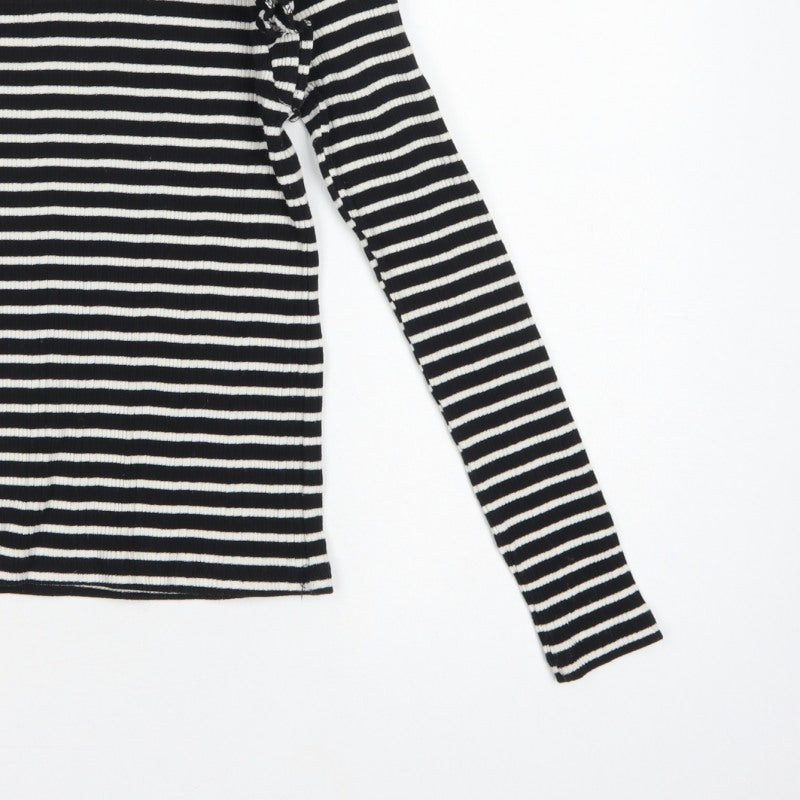 Zara Women Black White S Striped Ruffle Long Sleeve Basic T-Shirt