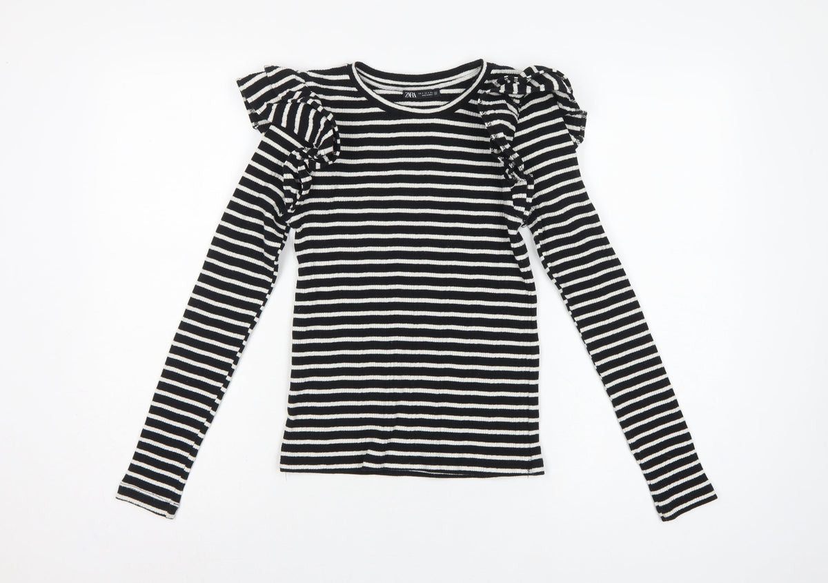 Zara Women Black White S Striped Ruffle Long Sleeve Basic T-Shirt