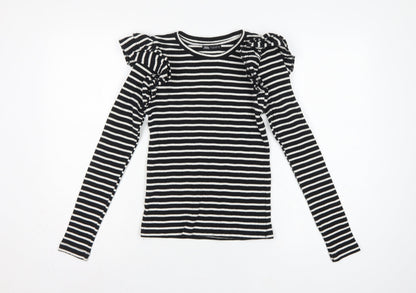 Zara Women Black White S Striped Ruffle Long Sleeve Basic T-Shirt