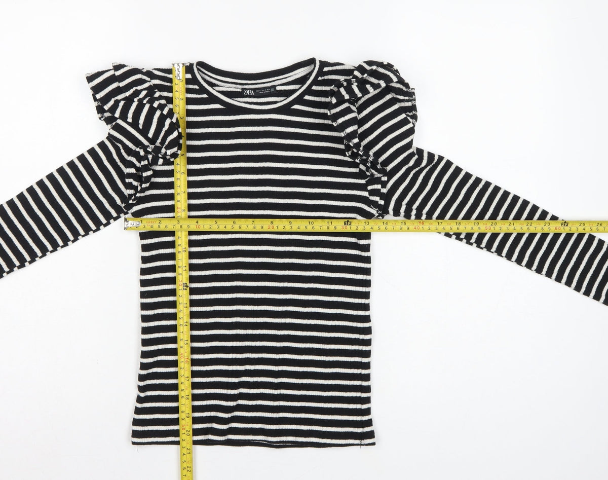 Zara Women Black White S Striped Ruffle Long Sleeve Basic T-Shirt