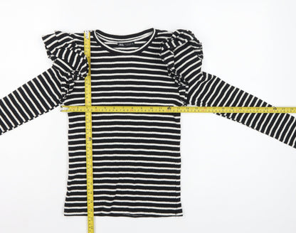 Zara Women Black White S Striped Ruffle Long Sleeve Basic T-Shirt
