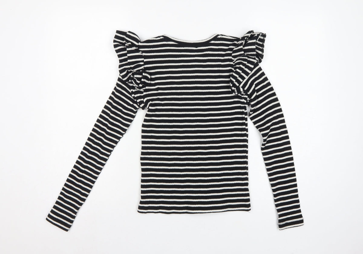 Zara Women Black White S Striped Ruffle Long Sleeve Basic T-Shirt