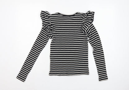 Zara Women Black White S Striped Ruffle Long Sleeve Basic T-Shirt