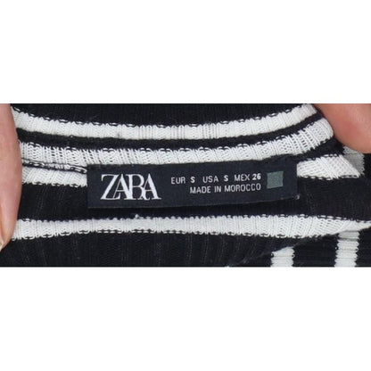 Zara Women Black White S Striped Ruffle Long Sleeve Basic T-Shirt
