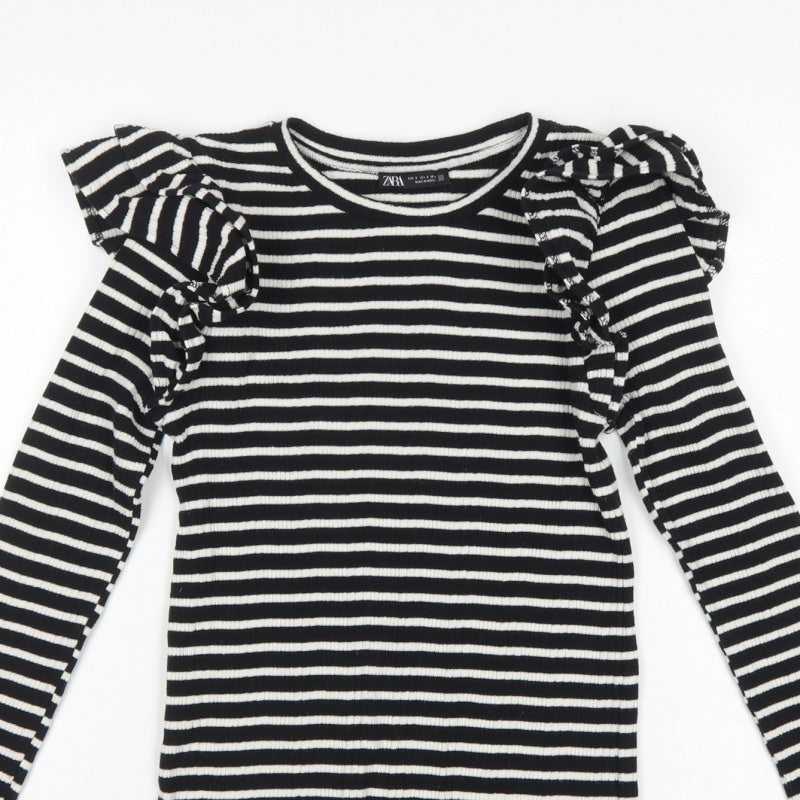 Zara Women Black White S Striped Ruffle Long Sleeve Basic T-Shirt