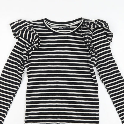 Zara Women Black White S Striped Ruffle Long Sleeve Basic T-Shirt