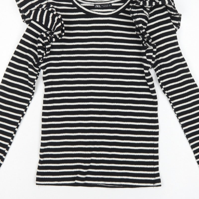Zara Women Black White S Striped Ruffle Long Sleeve Basic T-Shirt