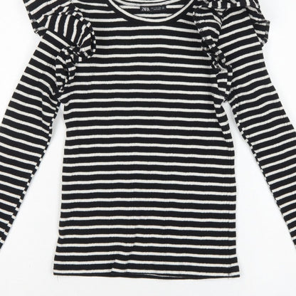 Zara Women Black White S Striped Ruffle Long Sleeve Basic T-Shirt