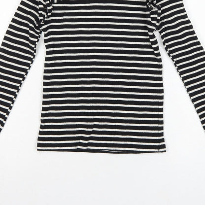 Zara Women Black White S Striped Ruffle Long Sleeve Basic T-Shirt