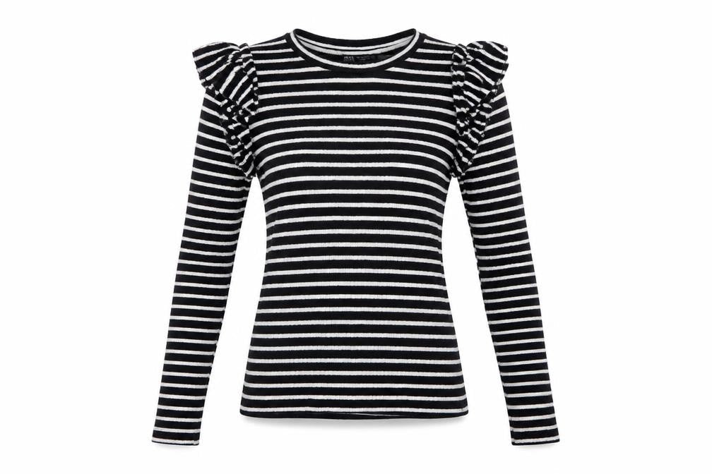 Zara Women Black White S Striped Ruffle Long Sleeve Basic T-Shirt