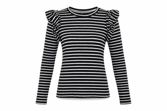 Zara Women Black White S Striped Ruffle Long Sleeve Basic T-Shirt