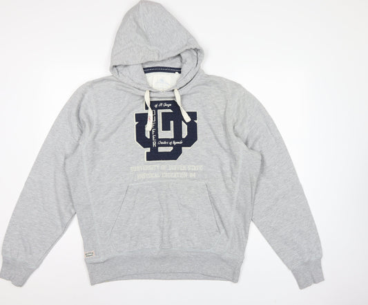 Back view of Duffer St George Men’s Grey L Pullover Hoodie College Logo Fleece Pockets