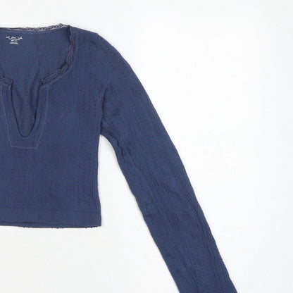 Out From Under Women’s Blue XS Cropped Knit V-Neck Long Sleeve Top
