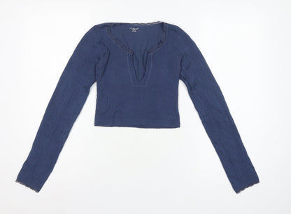 Out From Under Women’s Blue XS Cropped Knit V-Neck Long Sleeve Top