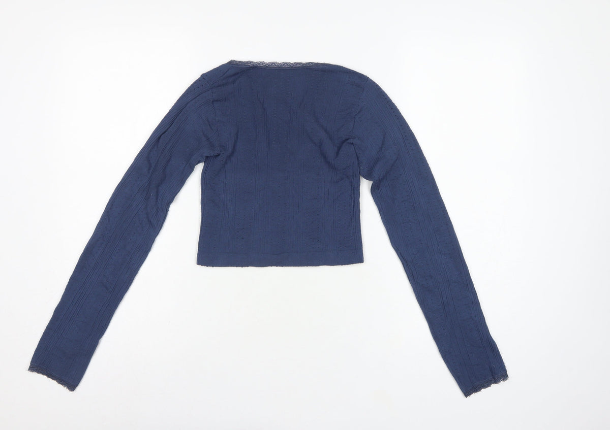 Out From Under Women’s Blue XS Cropped Knit V-Neck Long Sleeve Top