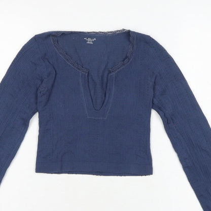 Out From Under Women’s Blue XS Cropped Knit V-Neck Long Sleeve Top