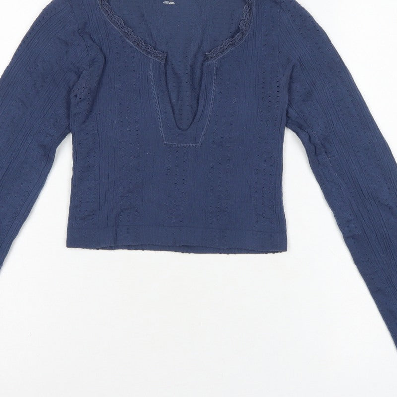Out From Under Women’s Blue XS Cropped Knit V-Neck Long Sleeve Top